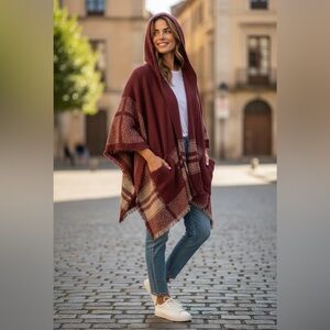 Cost Plus World Market Hooded Plaid Poncho in Burgundy and Cream